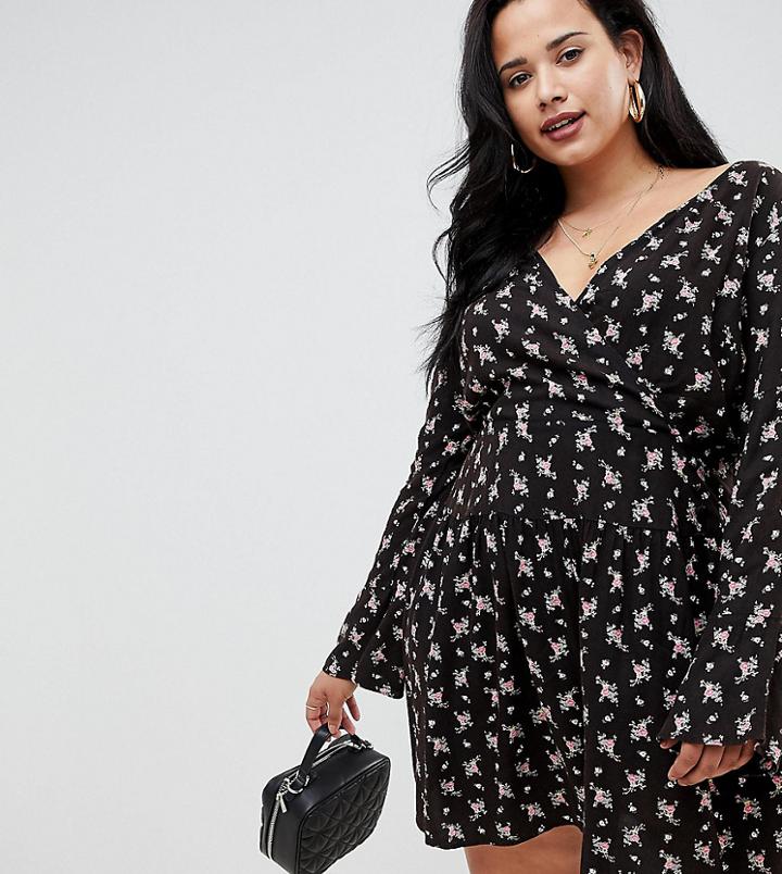 Asos Design Curve Skater Mini Dress In Washed Floral - Multi