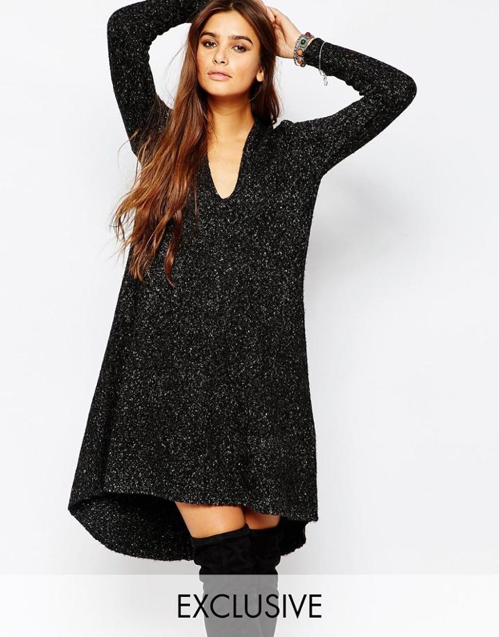 Stitch & Pieces Plunge Neck Knitted Dress - Black Marl