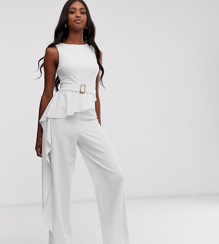 Asos Design Tall Belted Jumpsuit With Drape Peplum-white