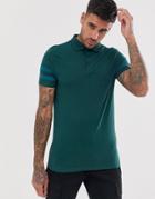 Asos Design Organic Skinny Polo Shirt With Stretch And Contrast Sleeve Stripe In Green - Green