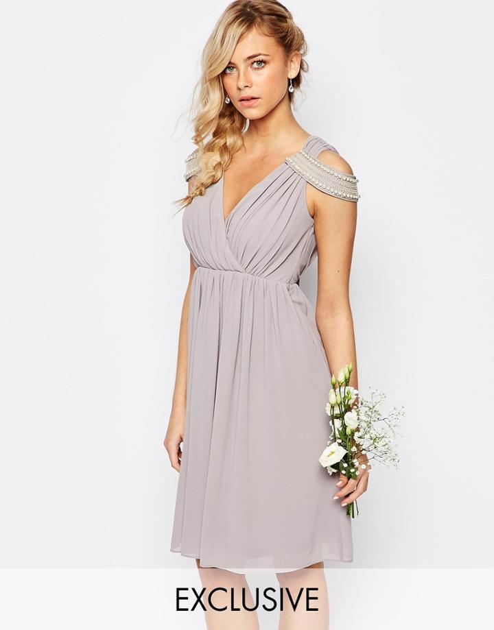 Tfnc Wedding Cold Shoulder Wrap Front Midi Dress - Opal Gray