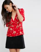 Asos Tea Blouse In Red Floral Print - Multi