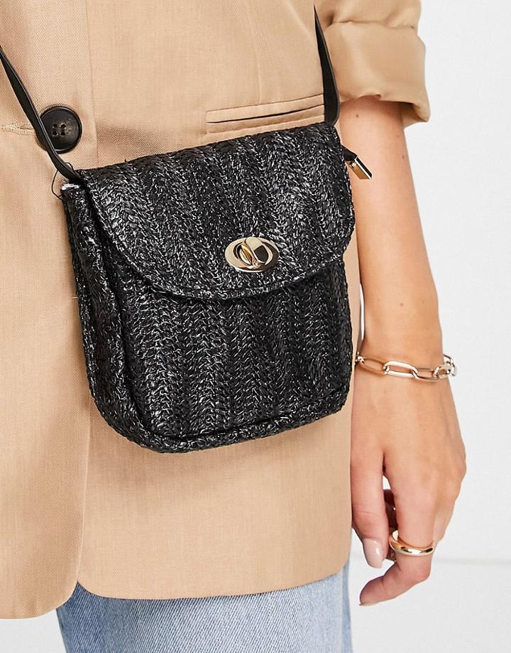 Truffle Collection Metal Clasp Straw Look Cross Body Bag In Black-white
