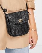 Truffle Collection Metal Clasp Straw Look Cross Body Bag In Black-white