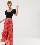 Dusty Daze Maxi Skirt With Thigh Split In Floral - Red
