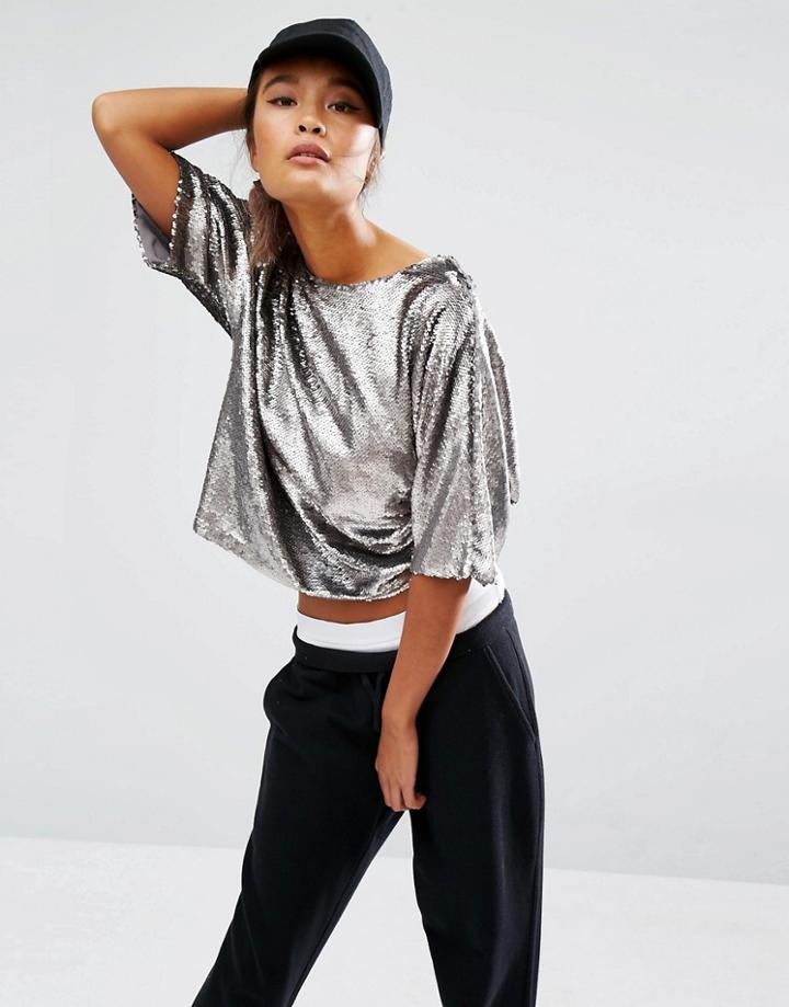 Daisy Street Silver Sequin T-shirt - Silver