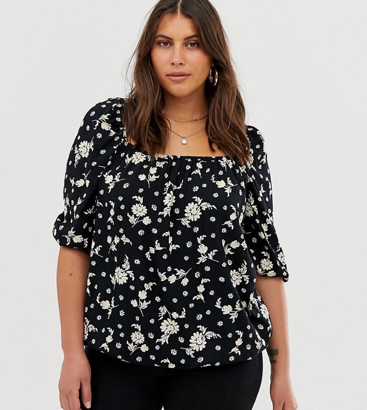 Simply Be Square Neck Blouse In Black Floral - Multi