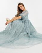 Asos Design Blouson Off Shoulder Tulle Puff Sleeve Maxi Dress In Dusty Sage-blues