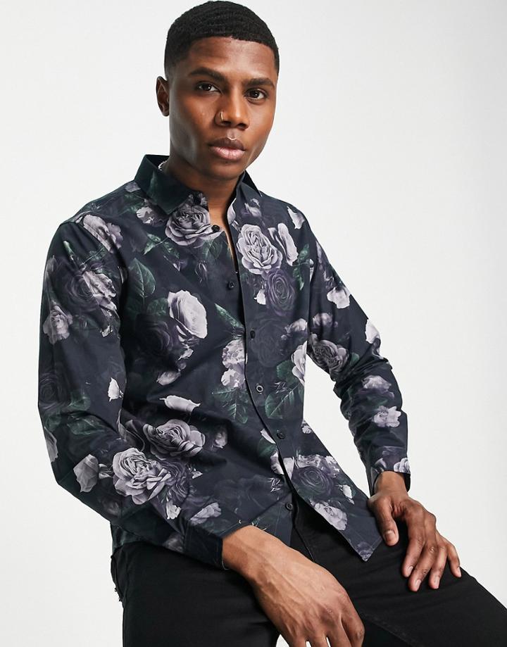Bolongaro Trevor Floral Print Cotton Slim Fit Shirt-black