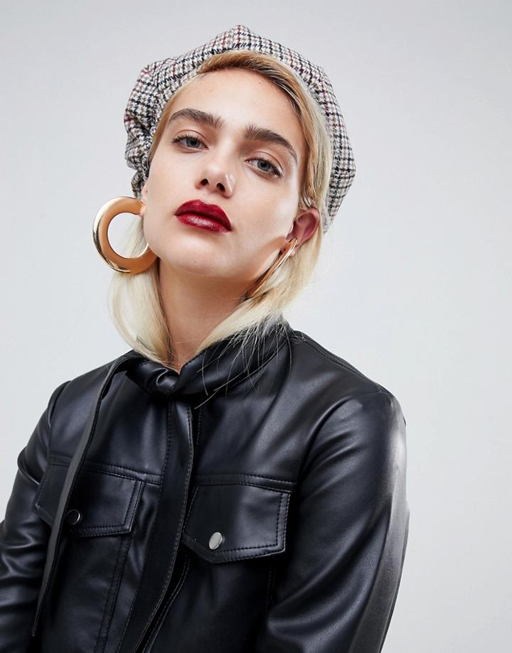Asos Design Check Tweed Beret - Brown
