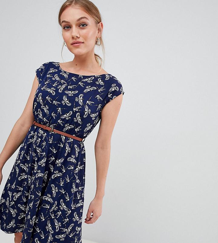 Yumi Petite Belted Dress In Bird Print - Navy