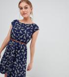 Yumi Petite Belted Dress In Bird Print - Navy