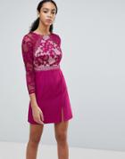Little Mistress Long Sleeve Skater Dress With Lace Upper - Pink