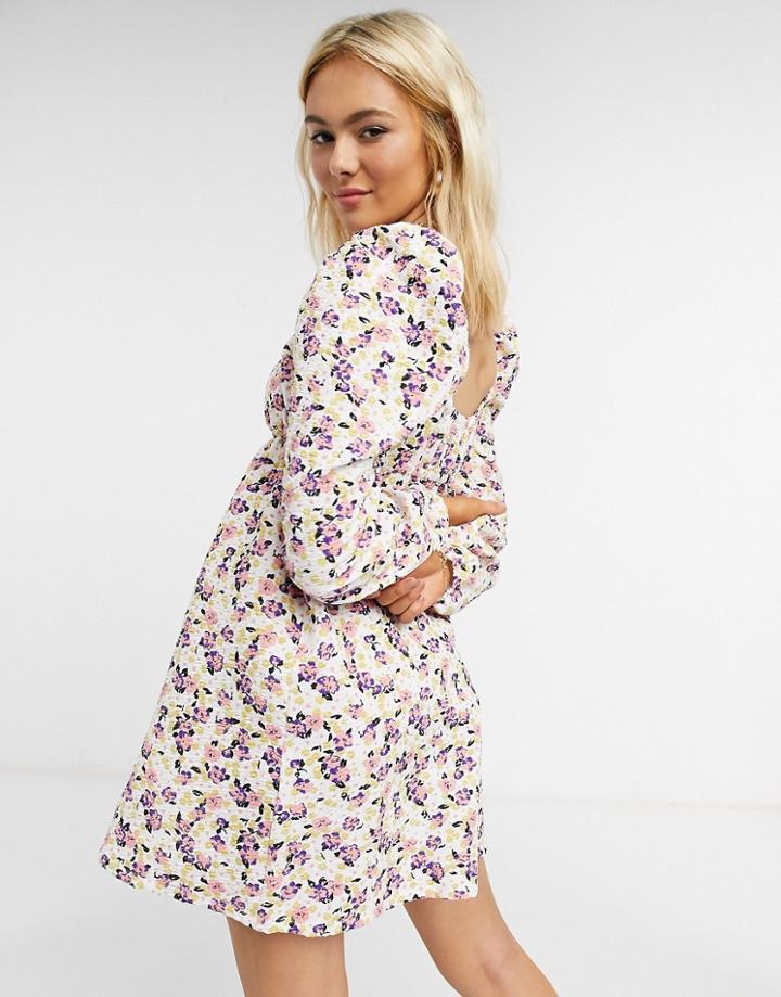 Asos Design Textured Smock Mini Dress With Puff Sleeve In Pink And Purple Floral