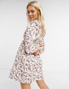 Asos Design Textured Smock Mini Dress With Puff Sleeve In Pink And Purple Floral
