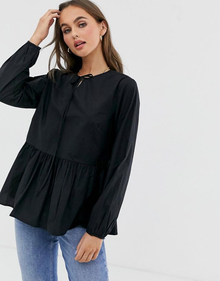 Pieces Smock Top With Tie Detail-black