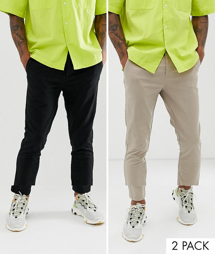 Asos Design 2 Pack Skinny Ankle Grazer Chinos In Black & Beige Save - Multi