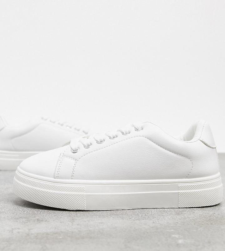 London Rebel Wide Fit Flatform Lace Up Sneakers In White