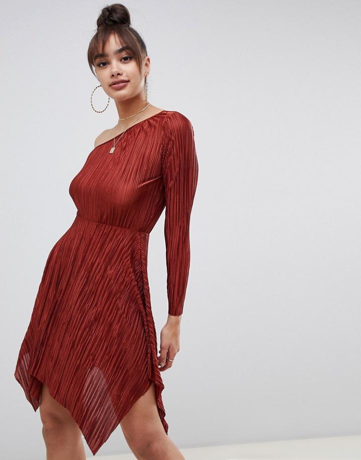 Asos Design One Shoulder Mini Plisse Dress With Hanky Hem-orange