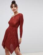 Asos Design One Shoulder Mini Plisse Dress With Hanky Hem-orange