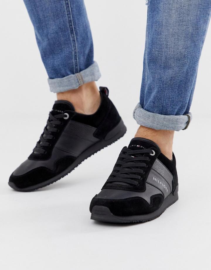 Tommy Hilfiger Iconic Leather Suede Mix Runner Sneaker In Black - Black