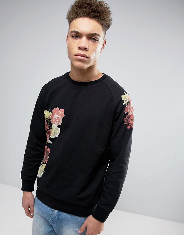 Threadbare Floral Print Sweat - Black