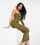 Missguided Midaxi Dress With Asymmetric Sleeve In Khaki-green