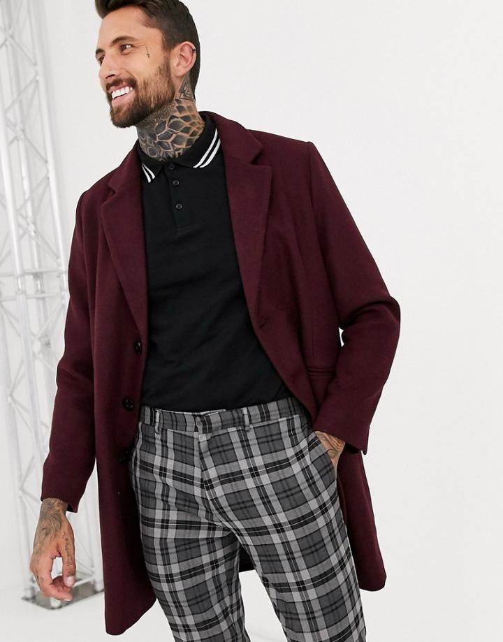 Asos Design Wool Mix Overcoat In Port-red