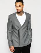 Asos Slim Collarless Blazer With Zip Fastening In Grey - Gray