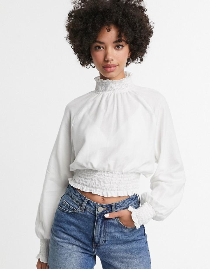Monki Ruched Neck Long Sleeve Top In Off White