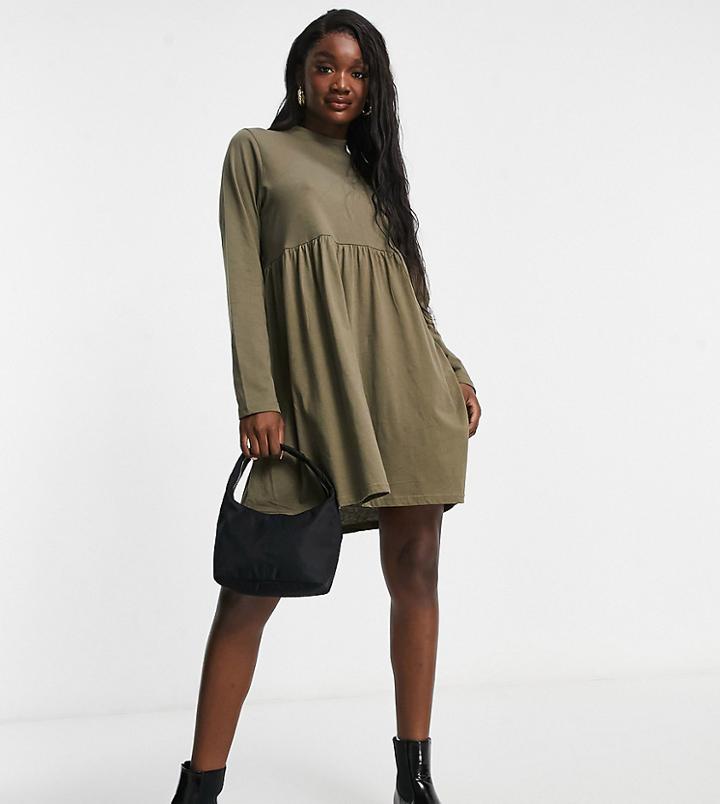 Brave Soul Tall Lizzie High Neck Smock Dress In Khaki-green