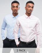 Asos Slim Shirt With Stretch 2 Pack In Blue And Pink Save - Multi