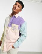 Asos Design 90s Oversized Color Block Shirt In Cord With Embroidery-multi