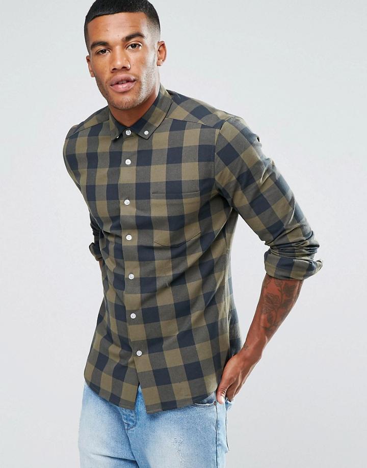 Asos Skinny Buffalo Plaid Shirt In Khaki - Green