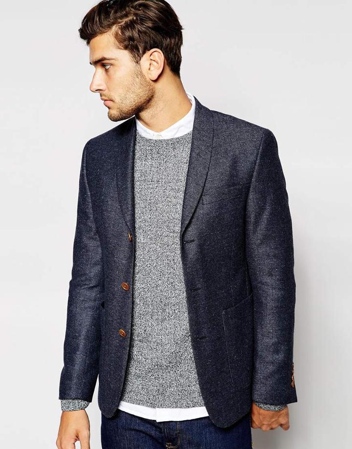 Asos Slim Fit Blazer With Shawl Collar - Navy