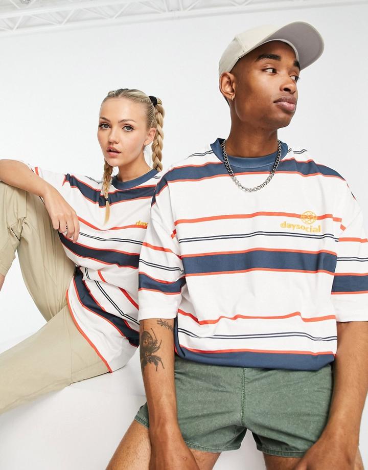 Asos Daysocial Unisex Oversized T-shirt With All Over Stripe And Logo Embroidery In White