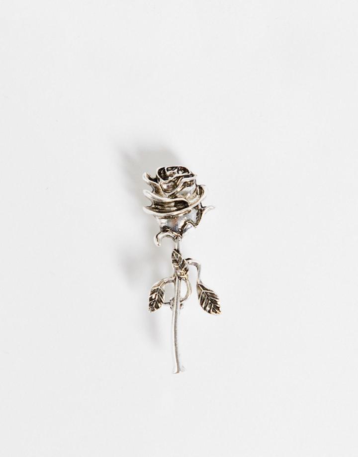 Asos Design Rose Brooch In Burnished Silver-gray