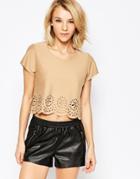 Love Lasercut Suedette Crop Top - Tan