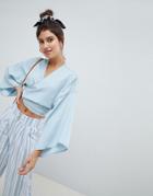 Asos Design Denim Kimono Wrap Top In Tencel - Blue
