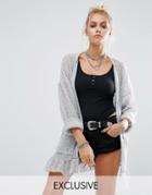 Milk It Vintage Loose Knit Cardigan With Frill Hem And Pockets - Gray