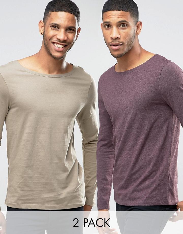 Asos 2pack Long Sleeve T-shirt In Red/tan With Boat Neck Save - Multi