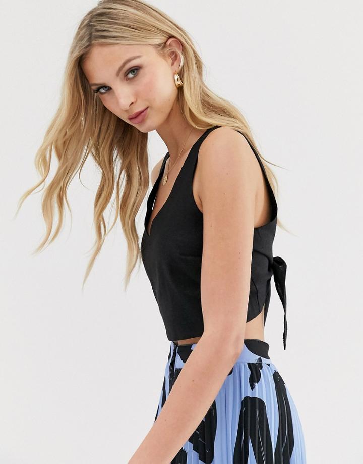 Asos Design Crop Top With Tie Back Detail In Linen-black