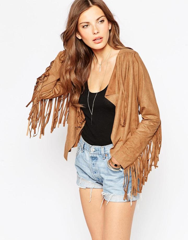 Club L Fringed Suedette Jacket - Camel