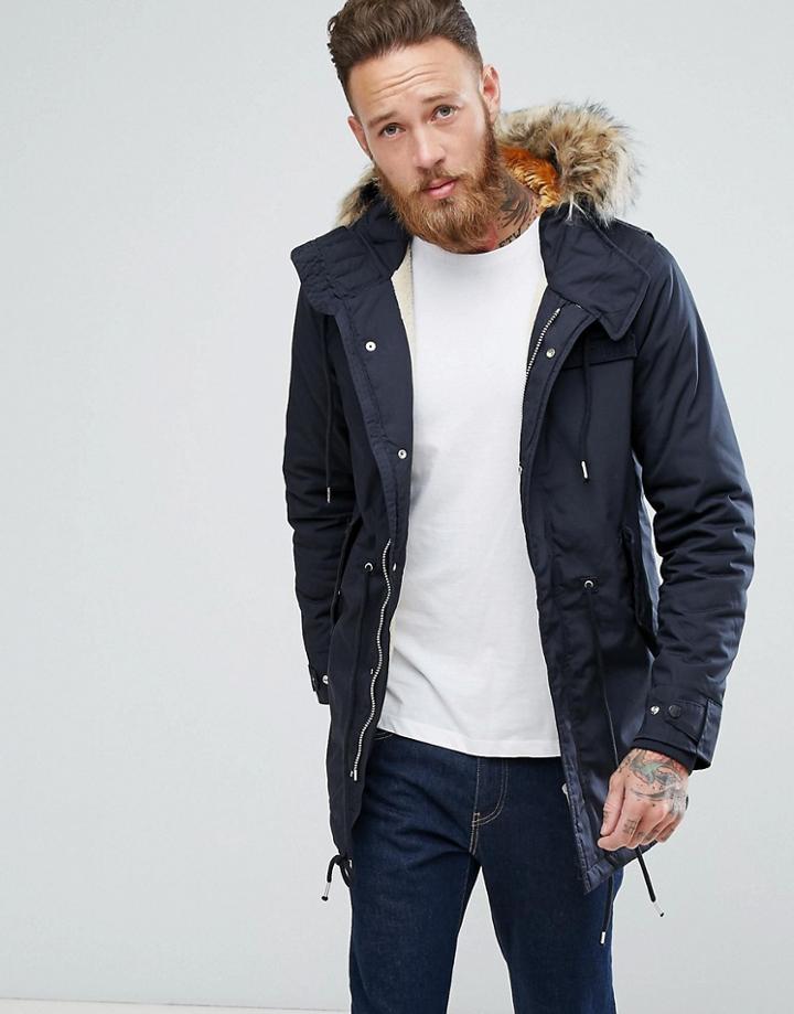 Schott M51 Fishtail Parka Hooded Detachable Faux Fur Trim In Navy - Navy