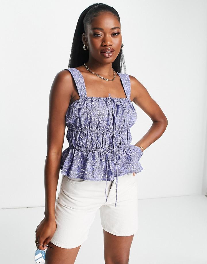 Urban Revivo Ruched Cami Top In Blue Floral Print