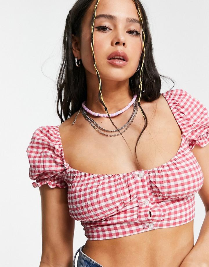 Bershka Cropped Gingham Milkmaid Blouse In Red