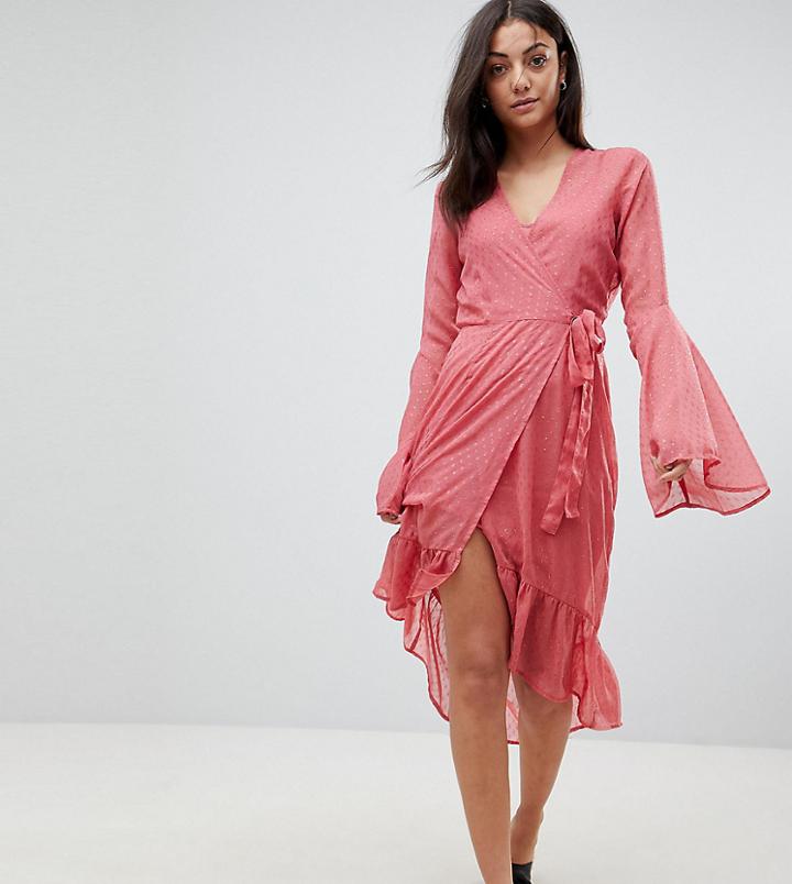 Vero Moda Tall Dobby Spot Mini Wrap Dress With Fluted Sleeves-pink