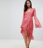 Vero Moda Tall Dobby Spot Mini Wrap Dress With Fluted Sleeves-pink