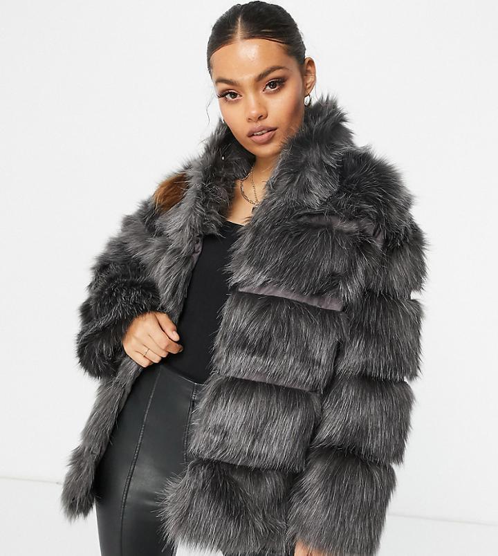 Missguided Petite Stand Collar Faux-fur Coat In Gray-grey