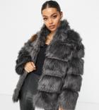 Missguided Petite Stand Collar Faux-fur Coat In Gray-grey